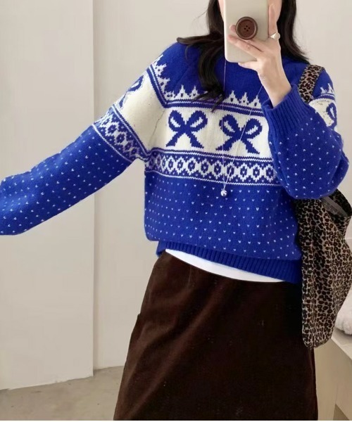 PRIVATE BEACH(プライベートビーチ)の「リボン×ノルディック柄ニットトップス(ニット/セーター・レディース・ブルー/オフホワイト/ブラック/レッド・FREE)」の14枚目の写真