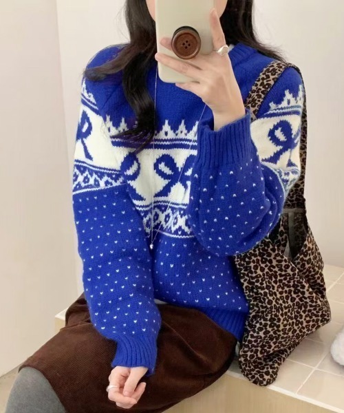 PRIVATE BEACH(プライベートビーチ)の「リボン×ノルディック柄ニットトップス(ニット/セーター・レディース・ブルー/オフホワイト/ブラック/レッド・FREE)」の15枚目の写真