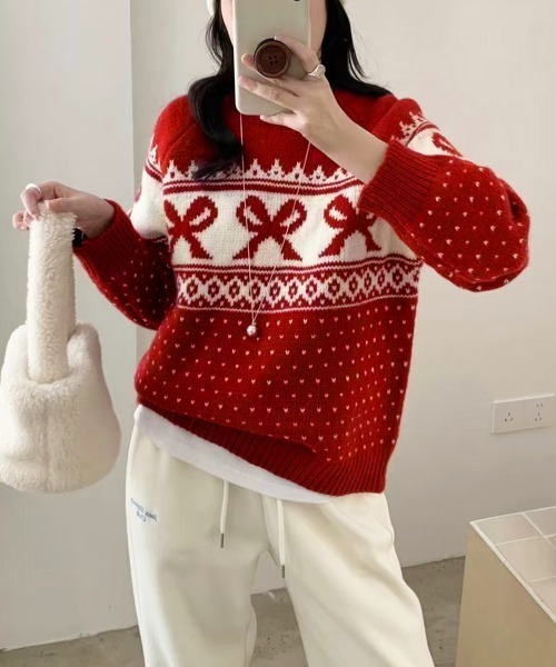PRIVATE BEACH(プライベートビーチ)の「リボン×ノルディック柄ニットトップス(ニット/セーター・レディース・ブルー/オフホワイト/ブラック/レッド・FREE)」の16枚目の写真