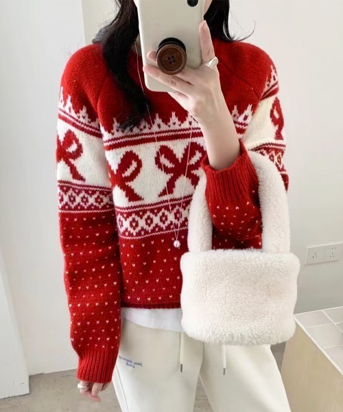 PRIVATE BEACH(プライベートビーチ)の「リボン×ノルディック柄ニットトップス(ニット/セーター・レディース・ブルー/オフホワイト/ブラック/レッド・FREE)」の17枚目の写真