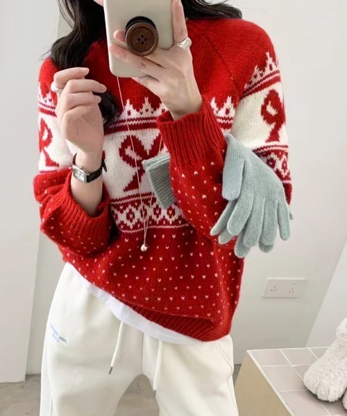 PRIVATE BEACH(プライベートビーチ)の「リボン×ノルディック柄ニットトップス(ニット/セーター・レディース・ブルー/オフホワイト/ブラック/レッド・FREE)」の18枚目の写真