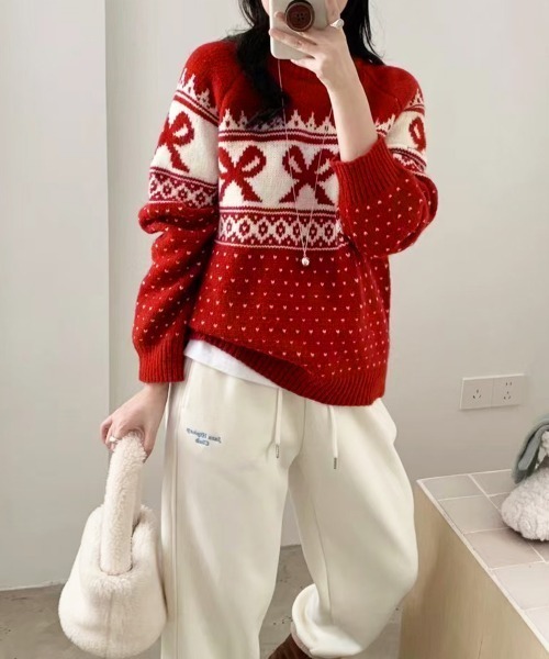 セール】リボン×ノルディック柄ニットトップス（ニット/セーター