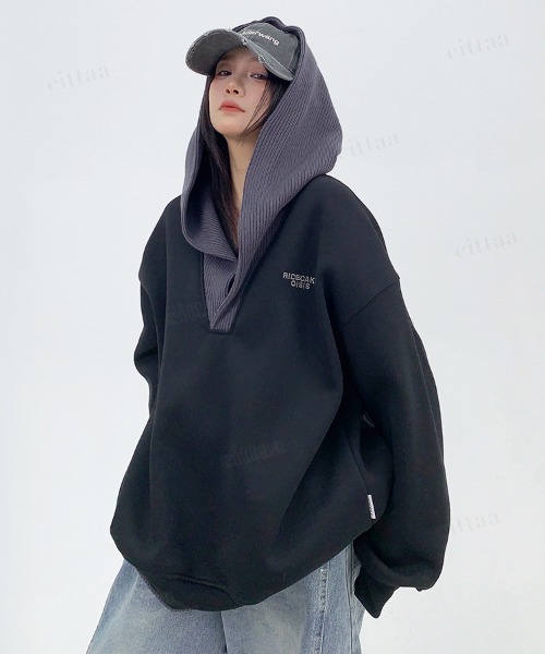 韓国ファッション RICECAKE配色ニットVネックスウェットフーディー