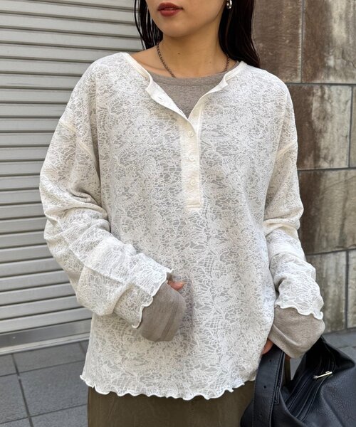 CIAOPANIC TYPY（チャオパニックティピー）の「２wayシアージャガードレースヘンリーネックTee（Tシャツ/カットソー・レディース・バーガンディー/オフホワイト/ブラック・ONE SIZE）」の2枚目の写真