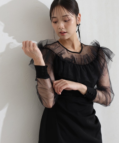 PourVous(プールヴー)の「袖あり&ミモレ 半端丈 同窓会 成人式 シアーラッフルドレープ 透け感 マーメイド お呼ばれ 結婚式 二次会 フォーマル オケージョンドレス パーティー ドレス (ドレス・レディース・ブラウン/イエロー/ブラック・M)」の22枚目の写真