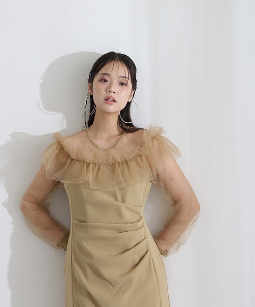 PourVous(プールヴー)の「袖あり&ミモレ 半端丈 同窓会 成人式 シアーラッフルドレープ 透け感 マーメイド お呼ばれ 結婚式 二次会 フォーマル オケージョンドレス パーティー ドレス (ドレス・レディース・ブラウン/イエロー/ブラック・M)」の17枚目の写真