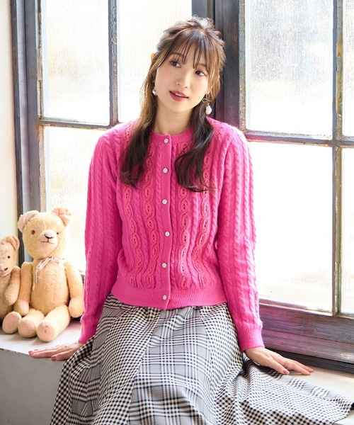セール】レース×ケーブル編みニットカーディガン（カーディガン/ボレロ