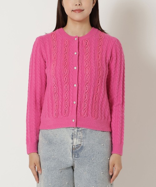 セール】レース×ケーブル編みニットカーディガン（カーディガン/ボレロ