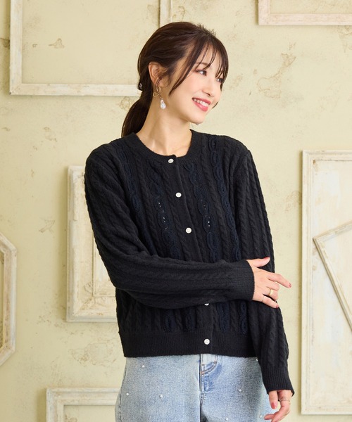セール】レース×ケーブル編みニットカーディガン（カーディガン/ボレロ