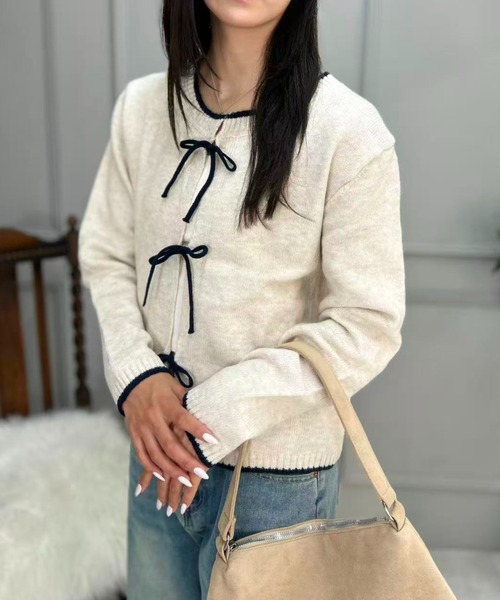 mebole(メボレ)の「Ribbon Front Cardigan(カーディガン/ボレロ・レディース・アイボリー/ブルー/グレー・FREE)」の9枚目の写真