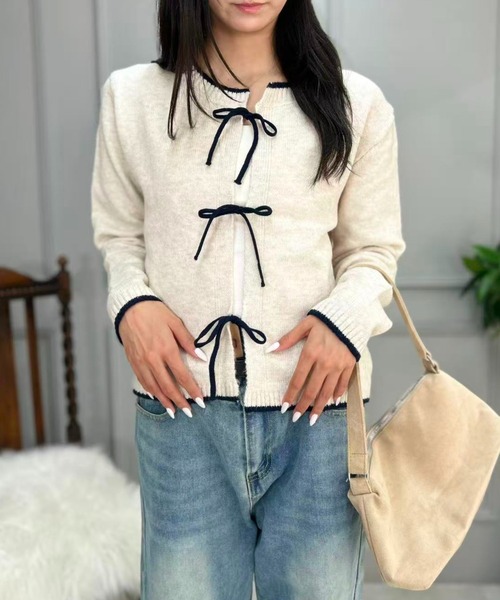 mebole(メボレ)の「Ribbon Front Cardigan(カーディガン/ボレロ・レディース・アイボリー/ブルー/グレー・FREE)」の4枚目の写真