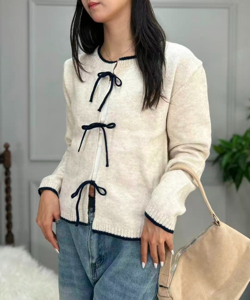 mebole(メボレ)の「Ribbon Front Cardigan(カーディガン/ボレロ・レディース・アイボリー/ブルー/グレー・FREE)」の6枚目の写真