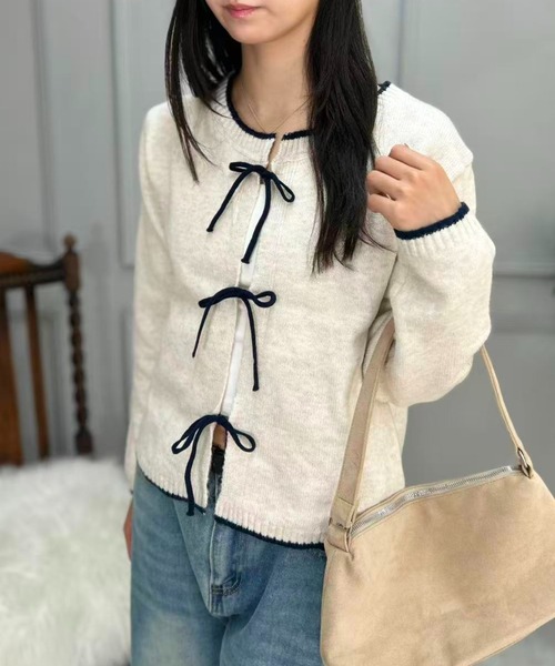 mebole(メボレ)の「Ribbon Front Cardigan(カーディガン/ボレロ・レディース・アイボリー/ブルー/グレー・FREE)」の5枚目の写真