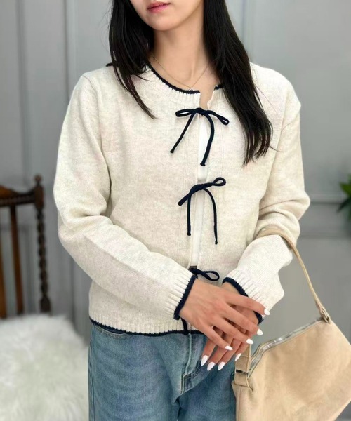mebole(メボレ)の「Ribbon Front Cardigan(カーディガン/ボレロ・レディース・アイボリー/ブルー/グレー・FREE)」の7枚目の写真