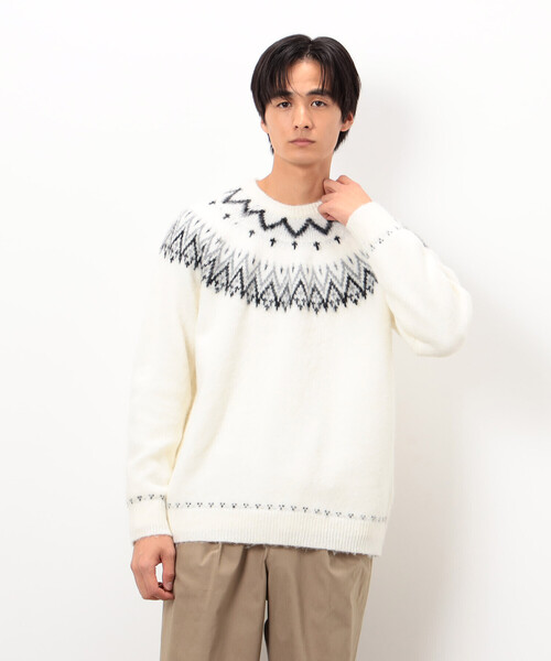 COMME CA ISM(コムサイズム)の「フェアアイル柄 シャギーニット(ニット/セーター・メンズ・ホワイト/ブラック・MEDIUM/LARGE)」の1枚目の写真