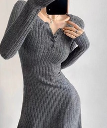 ヘンリーネックリブニットロングワンピース