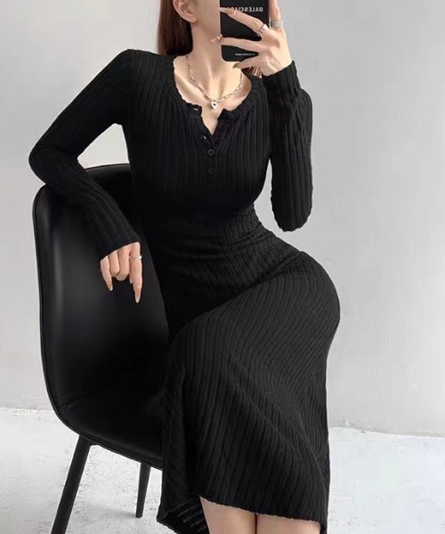 SHEPP(シープ)の「ヘンリーネックリブニットロングワンピース(ワンピース・レディース・ブラック/グレー/オートミール・M/L)」の5枚目の写真
