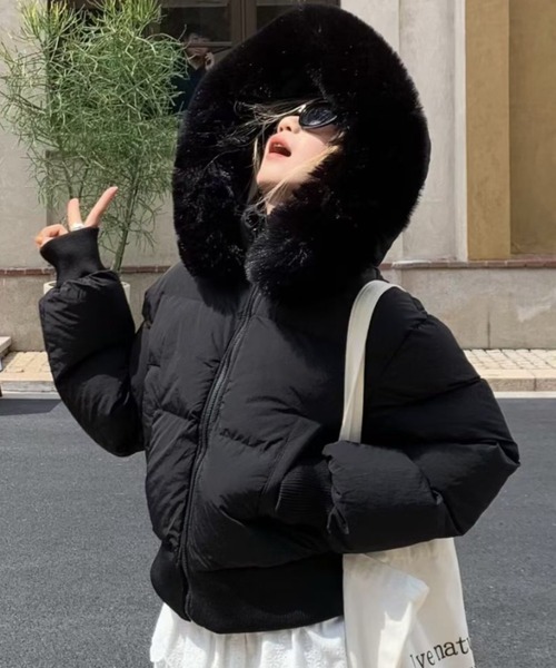 セール】エコファーフード付き中綿ダウンジャケット（ダウンジャケット