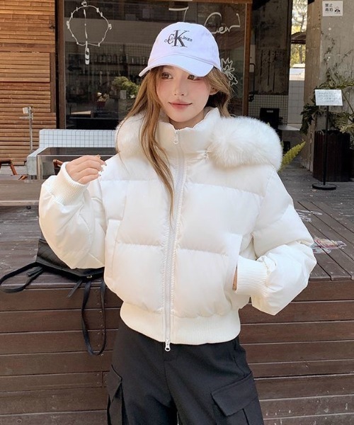 épine ファー付きホワイトダウンジャケット ギャル映え確定☆2WAYファーショート中綿ジャケット/フェイクファー