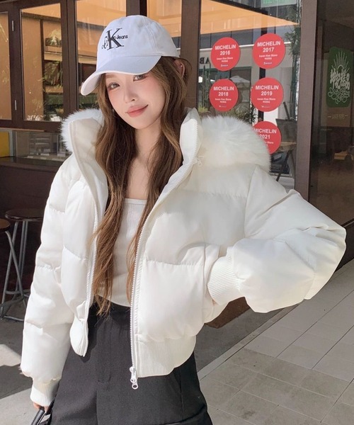 セール】エコファーフード付き中綿ダウンジャケット（ダウンジャケット