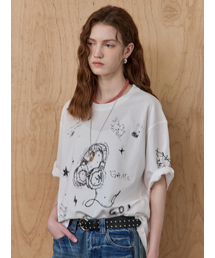 ビーズヘッドセットドゥードゥルプリントラウンドネックTシャツ