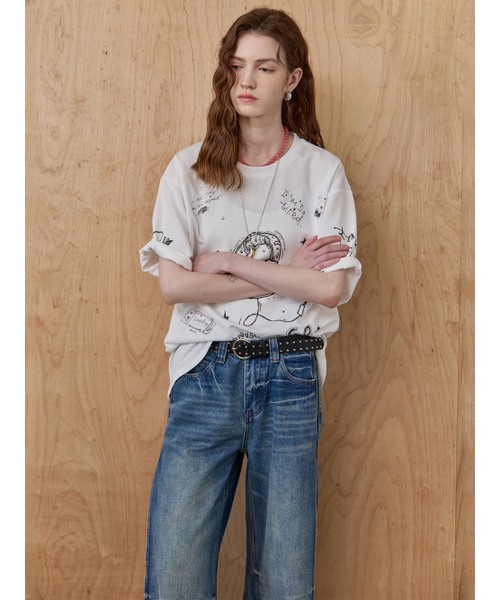 MAXZA(マージャコレクション)の「ビーズヘッドセットドゥードゥルプリントラウンドネックTシャツ(Tシャツ/カットソー・レディース・ホワイト・FREE)」の4枚目の写真