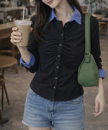 CANVAS+（キャンバスプラス）の「【CANVAS＋】異素材切り替え胸ギャザーシャツ（シャツ/ブラウス）」