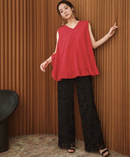 ELFRANK(エルフランク)の「【2026SS】セットアップ対応 ケミカルレース ワイドパンツ ウエストゴム(その他パンツ・レディース・オフホワイト/ブラック・M/L)」の2枚目の写真