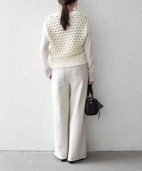 SHIPS any:〈手洗い可能〉コットン ミックス 透かし編み Vネック