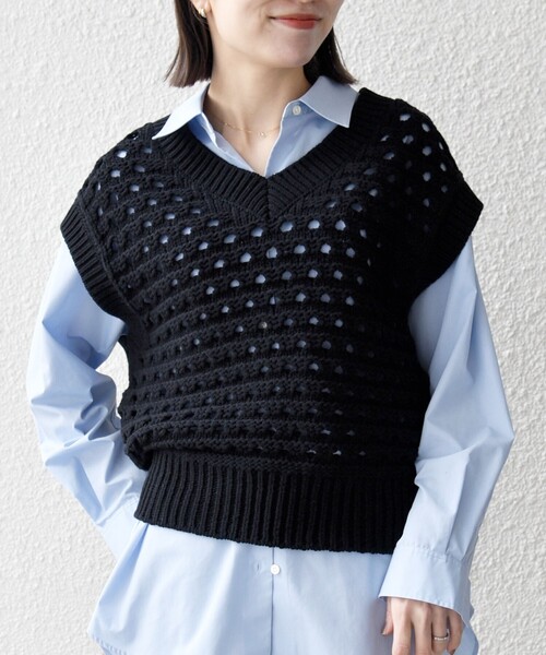 SHIPS any:〈手洗い可能〉コットン ミックス 透かし編み Vネック