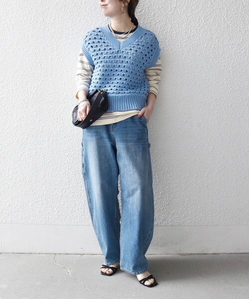 SHIPS any:〈手洗い可能〉コットン ミックス 透かし編み Vネック