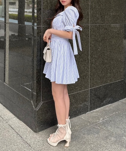 ひとめ惚れワンピ】リボンスリーブフレアミニワンピース 春服