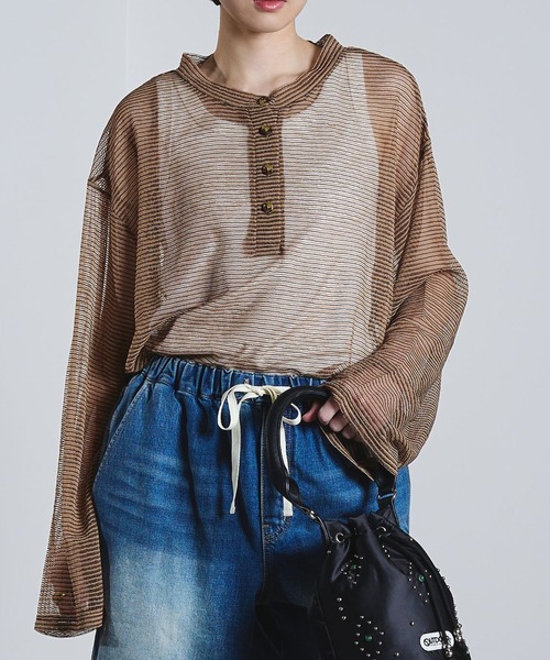 ROSE BUD(ローズバッド)の「SHEER STRIPS PULLOVER(Tシャツ/カットソー・レディース・ブラウン/ホワイト/ライトブルー・ONE SIZE)」の2枚目の写真