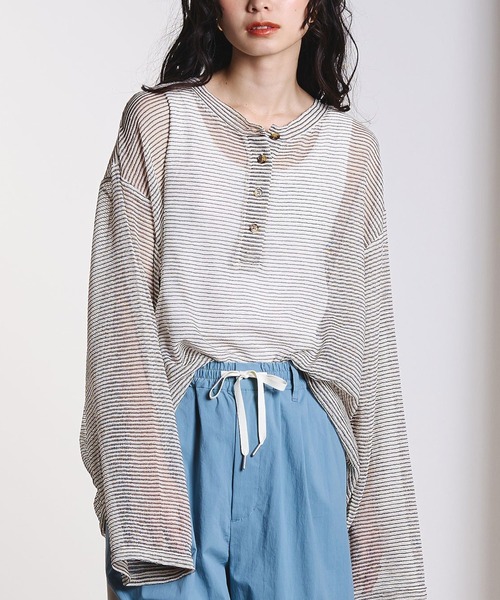 ROSE BUD(ローズバッド)の「SHEER STRIPS PULLOVER(Tシャツ/カットソー・レディース・ブラウン/ホワイト/ライトブルー・ONE SIZE)」の1枚目の写真