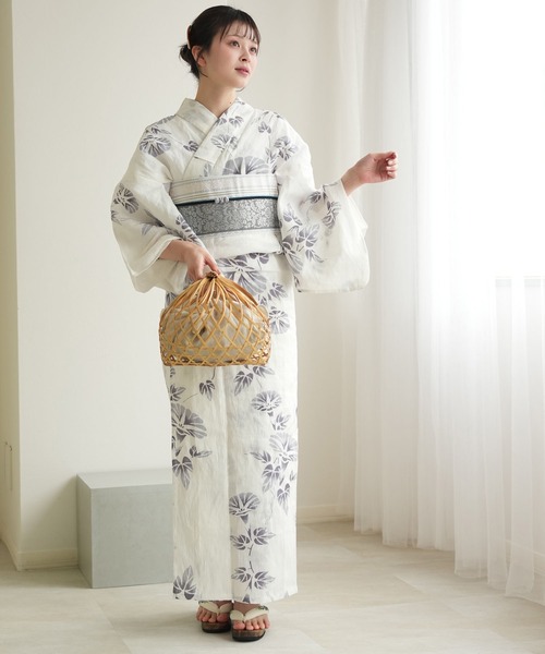 utatane（ウタタネ）の「手染め注染浴衣3点セット utatane×注染工房 本麻 近江縮 淡墨（うすずみ）の朝顔 博多織正絹小袋帯（浴衣・レディース・キナリ・FREE）」の2枚目の写真