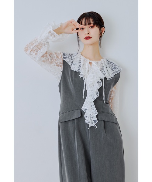 niana（ニアナ）の「レースラッフルオールインワンドレス 2点セット パンツドレス セットアップ 結婚式 成人式 二次会 同窓会 セレモニー パーティードレス オケージョンドレス お呼ばれ（パンツドレス・レディース・グレー/ブラック/ベージュ・S/M/L）」の5枚目の写真