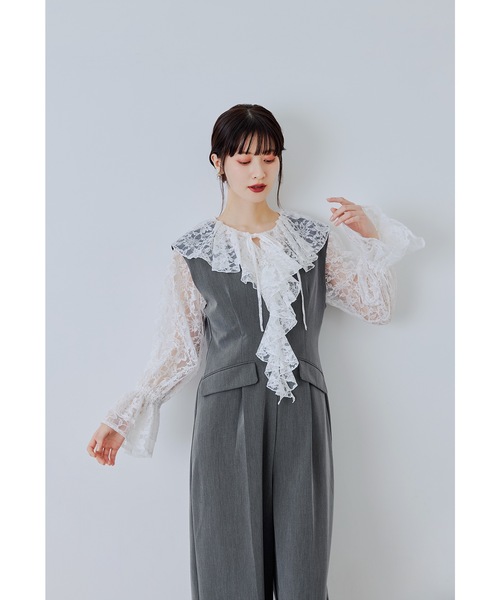 niana（ニアナ）の「レースラッフルオールインワンドレス 2点セット パンツドレス セットアップ 結婚式 成人式 二次会 同窓会 セレモニー パーティードレス オケージョンドレス お呼ばれ（パンツドレス・レディース・グレー/ブラック/ベージュ・S/M/L）」の7枚目の写真