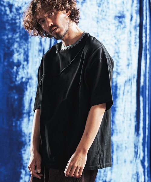  原宿 オープン限定コレクションTシャツ　黒　M セール】mt10443-Tucked Design & Pique Jacquard Rib T-shirt Tシャツ