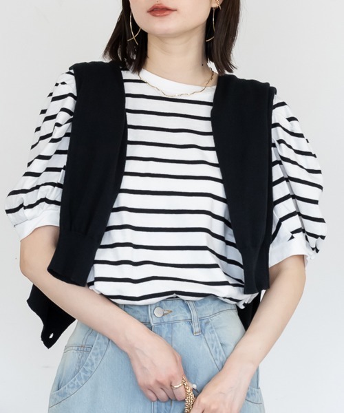 セール】ボーダーパフスリーブトップス（Tシャツ/カットソー）｜RCD