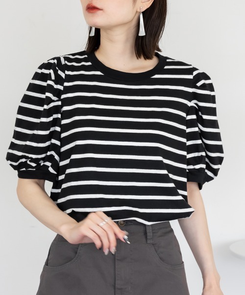 セール】ボーダーパフスリーブトップス（Tシャツ/カットソー）｜RCD