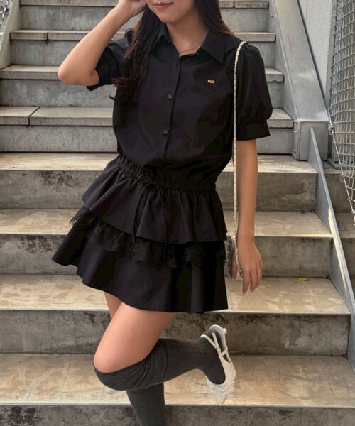 continuer de NICE CLAUP（コンティニューデナイスクラップ）の「裾ティアードミニワンピース（ワンピース・レディース・ブラック/ドット/ストライプ/オフホワイト・FREE）」の5枚目の写真