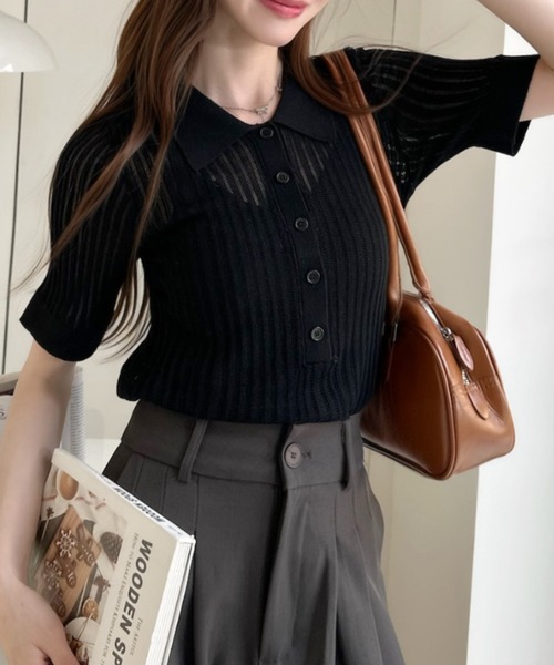 Ada.(エイダ)の「シアー メッシュ ポロカラー ハーフ スリーブ サマー ニット(ニット/セーター・レディース・グリーン/グレー/ブラック/ホワイト・FREE)」の16枚目の写真