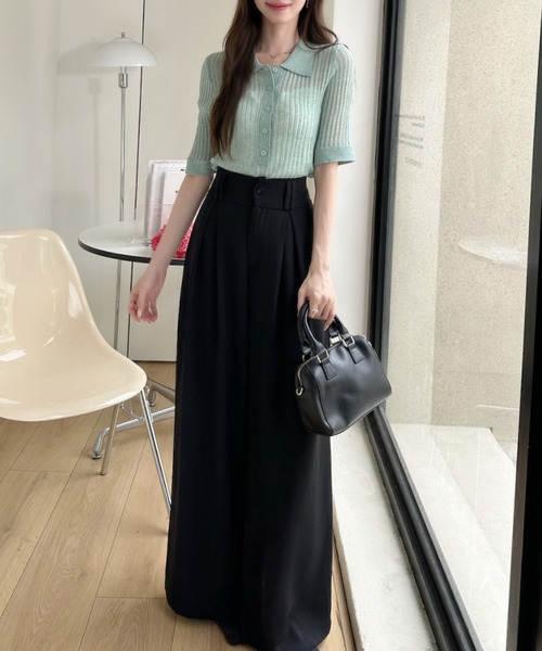 Ada.(エイダ)の「シアー メッシュ ポロカラー ハーフ スリーブ サマー ニット(ニット/セーター・レディース・グリーン/グレー/ブラック/ホワイト・FREE)」の6枚目の写真