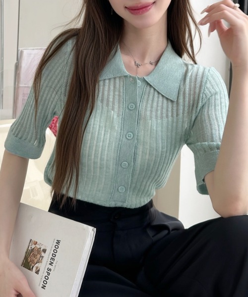 Ada.(エイダ)の「シアー メッシュ ポロカラー ハーフ スリーブ サマー ニット(ニット/セーター・レディース・グリーン/グレー/ブラック/ホワイト・FREE)」の7枚目の写真