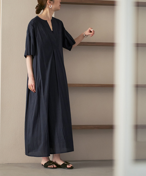 normment（ノーメント）の「【洗える】normment/ノーメント STRIPE JQD SHORT SLEEVE DRESS（ワンピース・レディース・ネイビー/ホワイト・FREE）」の2枚目の写真