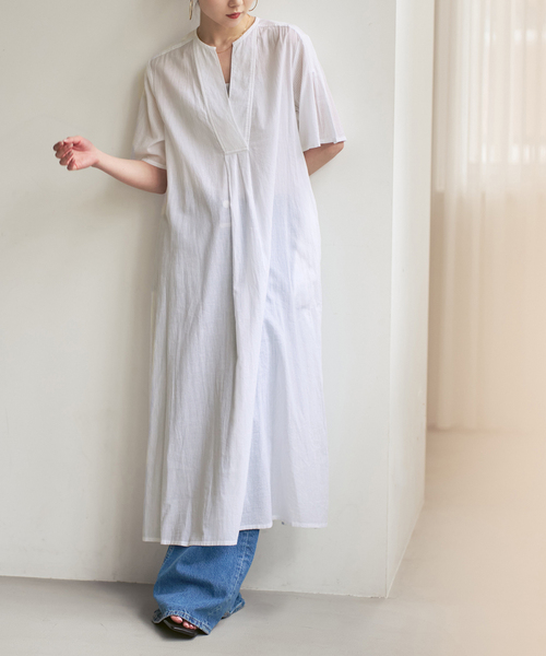 normment（ノーメント）の「【洗える】normment/ノーメント STRIPE JQD SHORT SLEEVE DRESS（ワンピース・レディース・ネイビー/ホワイト・FREE）」の3枚目の写真