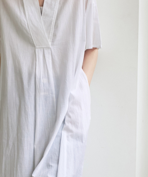 normment（ノーメント）の「【洗える】normment/ノーメント STRIPE JQD SHORT SLEEVE DRESS（ワンピース・レディース・ネイビー/ホワイト・FREE）」の5枚目の写真