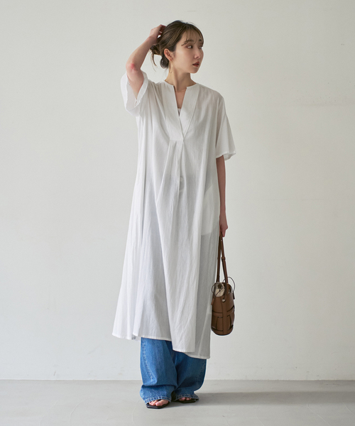 normment（ノーメント）の「【洗える】normment/ノーメント STRIPE JQD SHORT SLEEVE DRESS（ワンピース・レディース・ネイビー/ホワイト・FREE）」の9枚目の写真