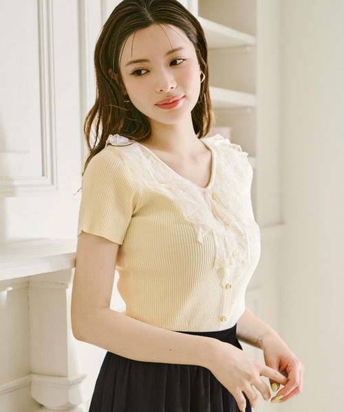 MISCH MASCH(ミッシュマッシュ)の「2026春夏新作 レースラッフル半袖リブニット(ニット/セーター・レディース・ネイビー/イエロー/ブルー・フリ-)」の5枚目の写真
