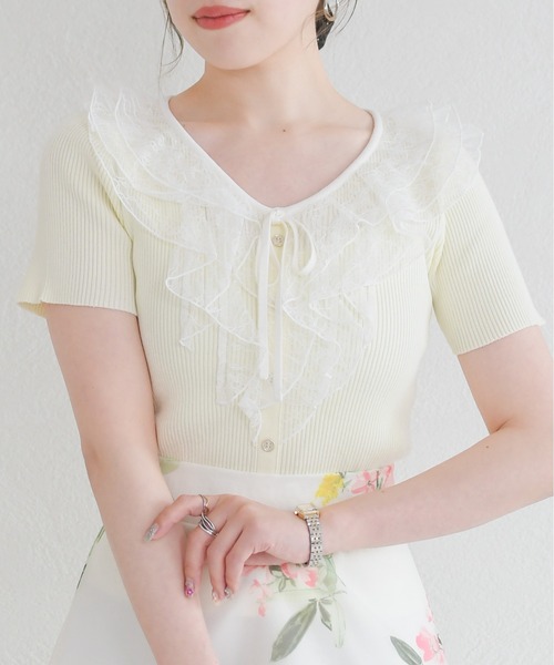 MISCH MASCH(ミッシュマッシュ)の「2026春夏新作 レースラッフル半袖リブニット(ニット/セーター・レディース・ネイビー/イエロー/ブルー・フリ-)」の6枚目の写真